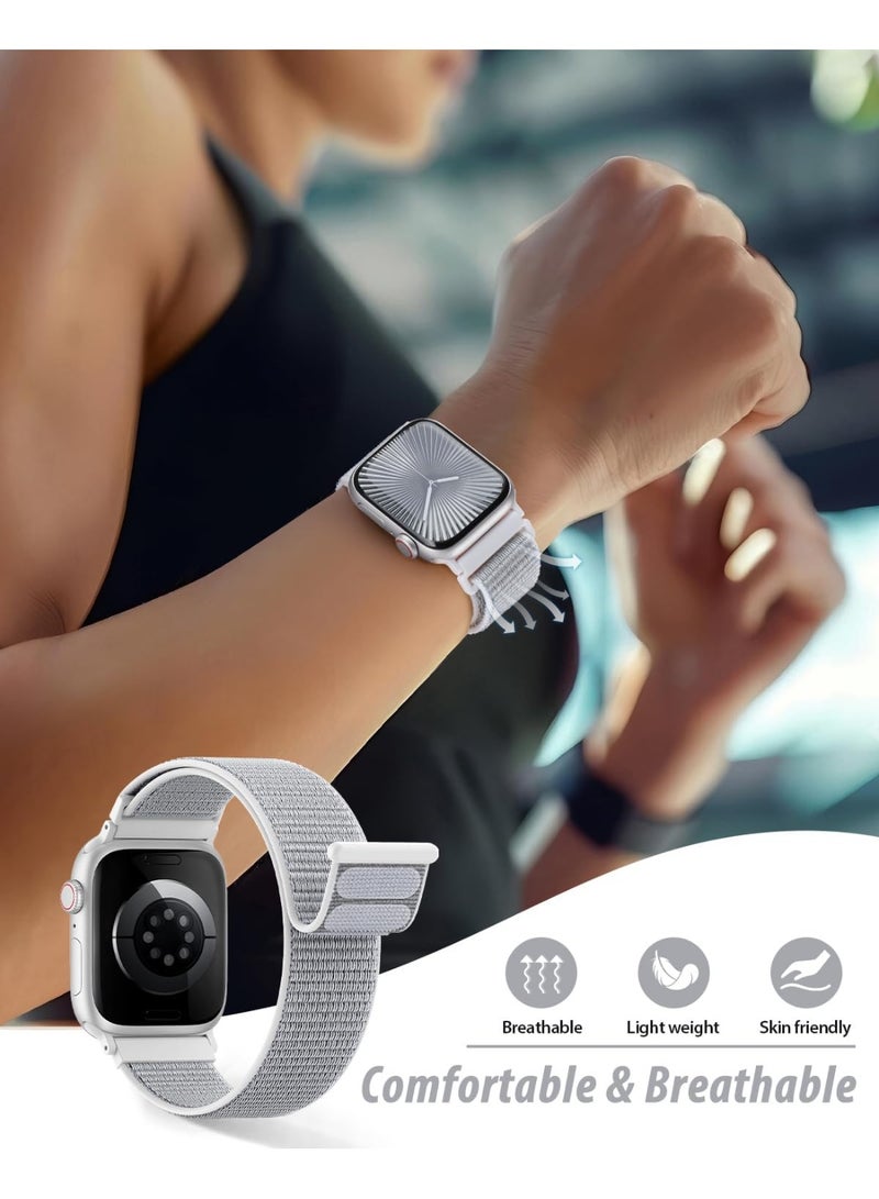 بازار سوار ساعة Apple Watch الرياضي المصنوع من النايلون لساعات Ultra 2/Series 10/9/8/7/SE بمقاس 42-49 مم - سوار منسوج قابل للتعديل ومضاد للتعرق وجيد التهوية للرجال والنساء، مريح وسريع الجفاف للصالة الرياضية والارتداء اليومي (فضي) - Image 5