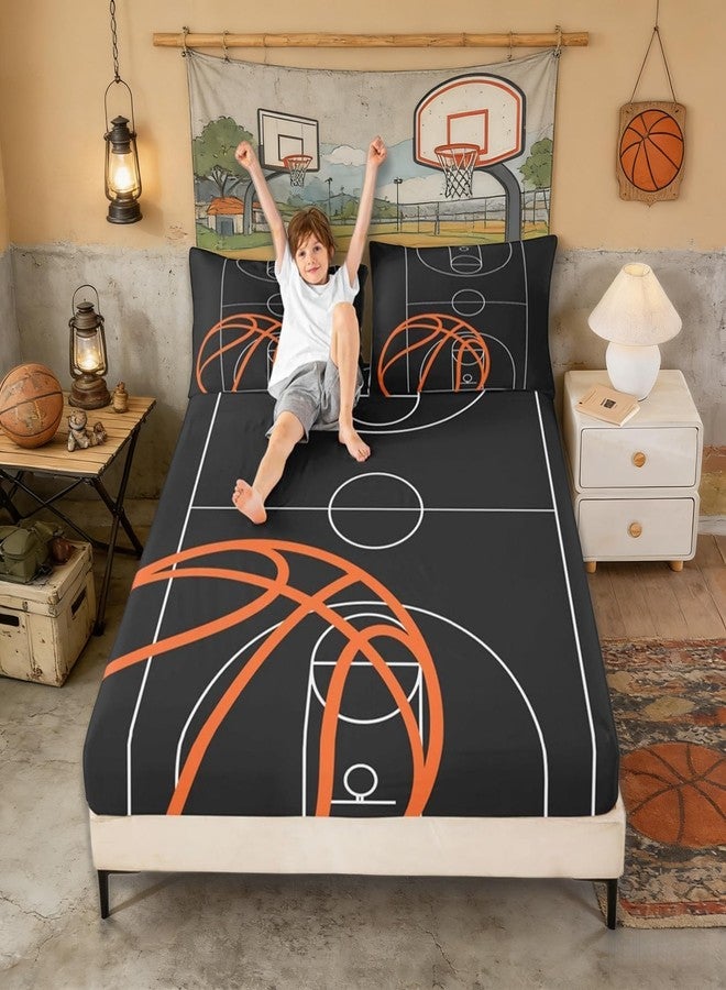 Castle Fairy Basketball Court Print Fitted Sheet,Ball Sports Games Themed Bed Cover All-Round Elastic Deep Pocket for Kids,Orange and Hoop Soft Microfiber Sheet(1 Fitted + 2 Pillowcases), Twin Size - Image 2