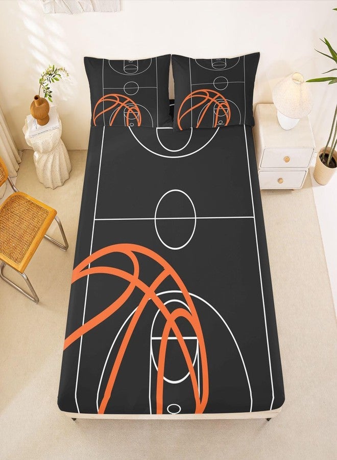 Castle Fairy Basketball Court Print Fitted Sheet,Ball Sports Games Themed Bed Cover All-Round Elastic Deep Pocket for Kids,Orange and Hoop Soft Microfiber Sheet(1 Fitted + 2 Pillowcases), Twin Size - Image 4