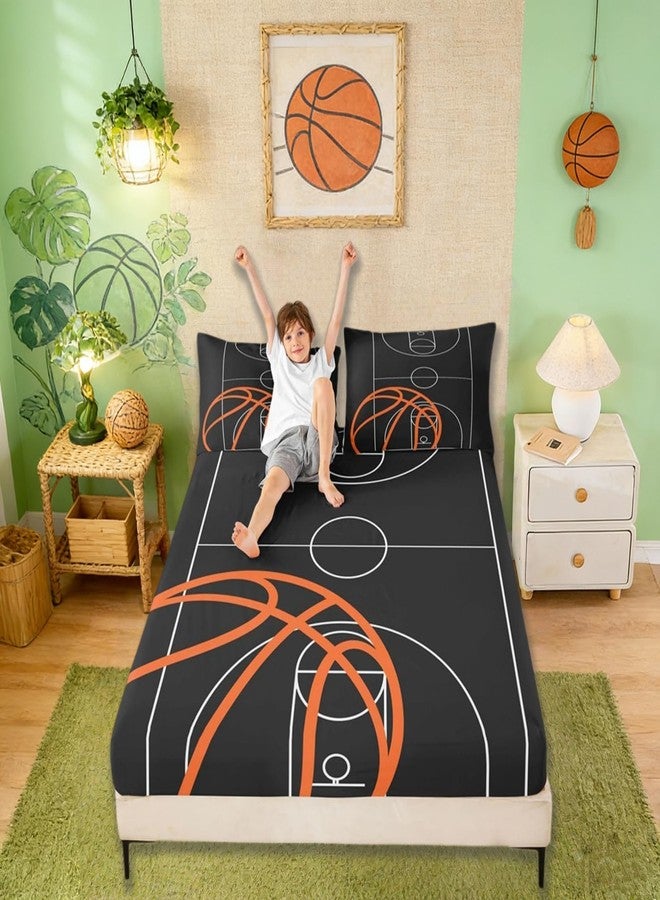 Castle Fairy Basketball Court Print Fitted Sheet,Ball Sports Games Themed Bed Cover All-Round Elastic Deep Pocket for Kids,Orange and Hoop Soft Microfiber Sheet(1 Fitted + 2 Pillowcases), Twin Size - Image 1