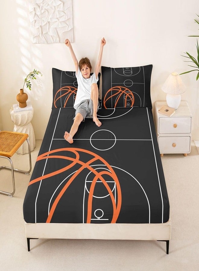 Castle Fairy Basketball Court Print Fitted Sheet,Ball Sports Games Themed Bed Cover All-Round Elastic Deep Pocket for Kids,Orange and Hoop Soft Microfiber Sheet(1 Fitted + 2 Pillowcases), Twin Size - Image 5