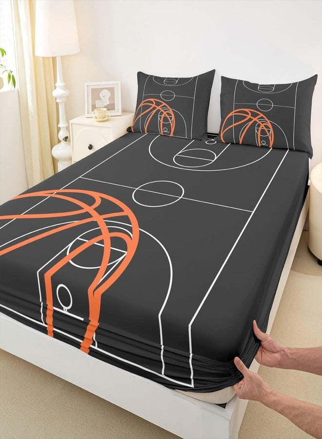 Castle Fairy Basketball Court Print Fitted Sheet,Ball Sports Games Themed Bed Cover All-Round Elastic Deep Pocket for Kids,Orange and Hoop Soft Microfiber Sheet(1 Fitted + 2 Pillowcases), Twin Size - Image 3
