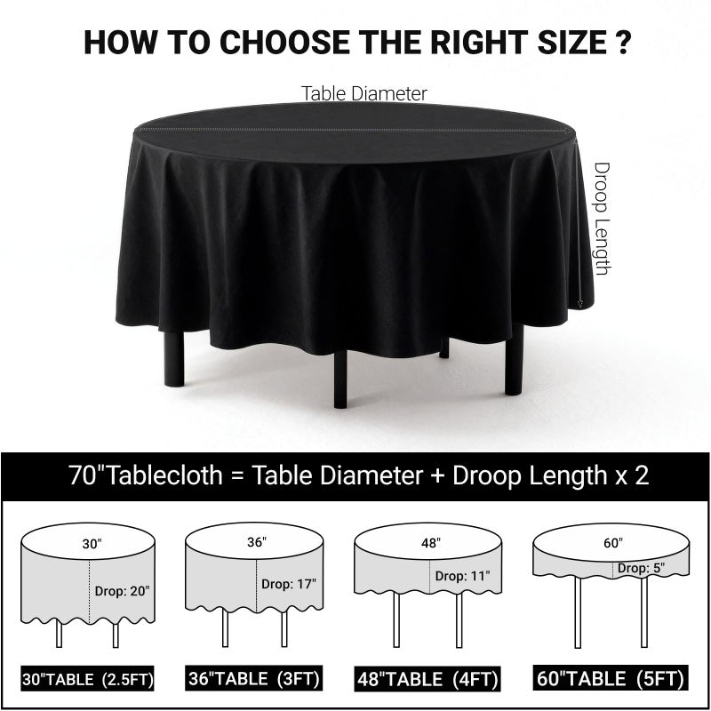 MRJ Black 70 Inch Round Tablecloths Stain and Wrinkle Resistant Washable Polyester Table Cloth for Wedding Dining Banquet Birthday Party Buffet - Image 3