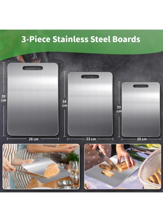 أفضل YK SUS304 لوح قطع الفولاذ المقاوم للصدأ -3 PCS لوحة مطبخ متينة لتقطيع اللحوم والخضروات والفواكه، لوحة إعداد طعام صحي سهل التنظيف - Image 3