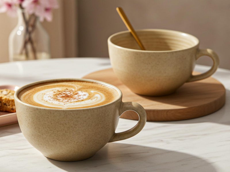 Bodhi House Ceramic Soup and Coffee Wide Large Mug with Handle - Set of 2, 350 Ml Glossy Finish | Microwave Safe | for Maggi, Cappuccino, Latte, Green Tea - Wood Brown - Image 1