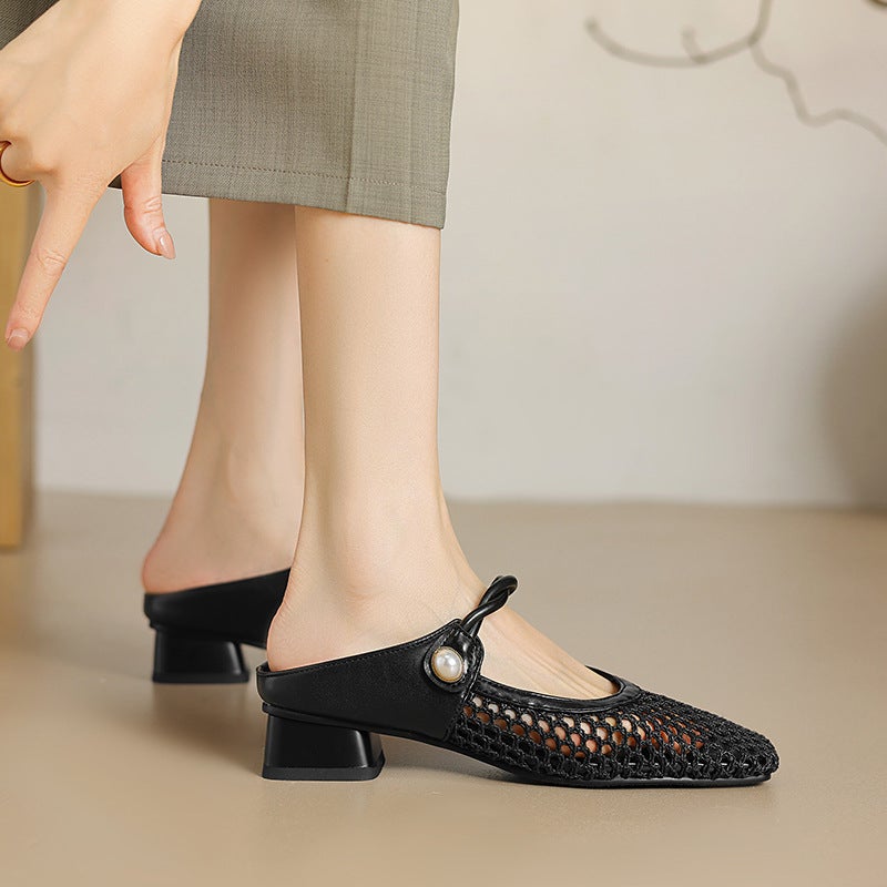 2024 Summer New Leisure Low-Heeled Mesh 32-43 Size Square Head Breathable Outdoor Slippers For Women - Image 2