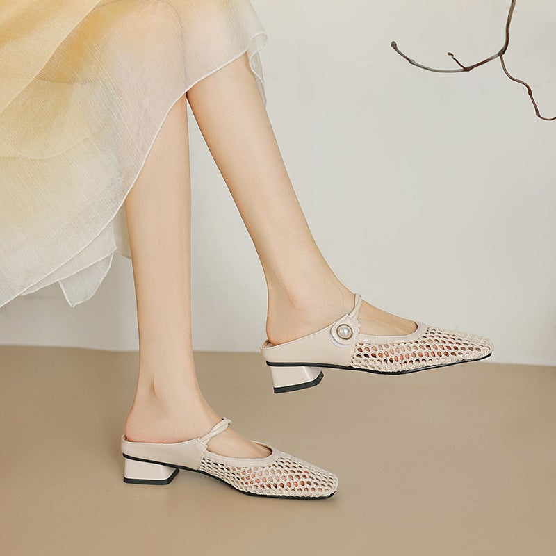 2024 Summer New Leisure Low-Heeled Mesh 32-43 Size Square Head Breathable Outdoor Slippers For Women - Image 4