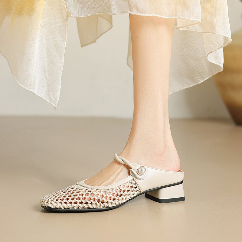 2024 Summer New Leisure Low-Heeled Mesh 32-43 Size Square Head Breathable Outdoor Slippers For Women - Image 5