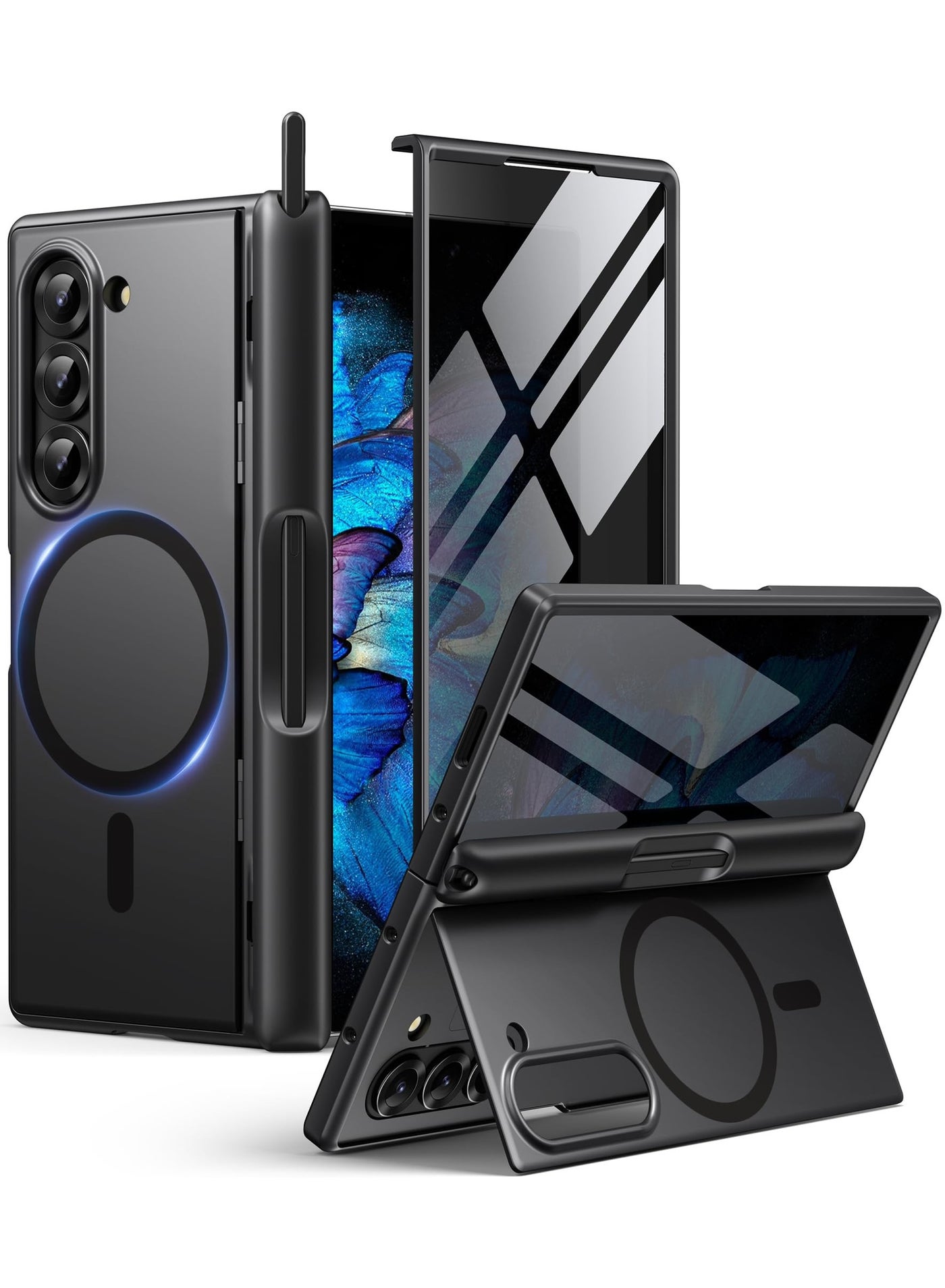BERFY Magnetic for Samsung Galaxy Z Fold 6 Case with Privacy Screen Protector, [Compatible with MagSafe][Anti Spy]Built-in S Pen Holder & Kickstand, Full-Body Shockproof Phone Case for Z Fold 6, Black