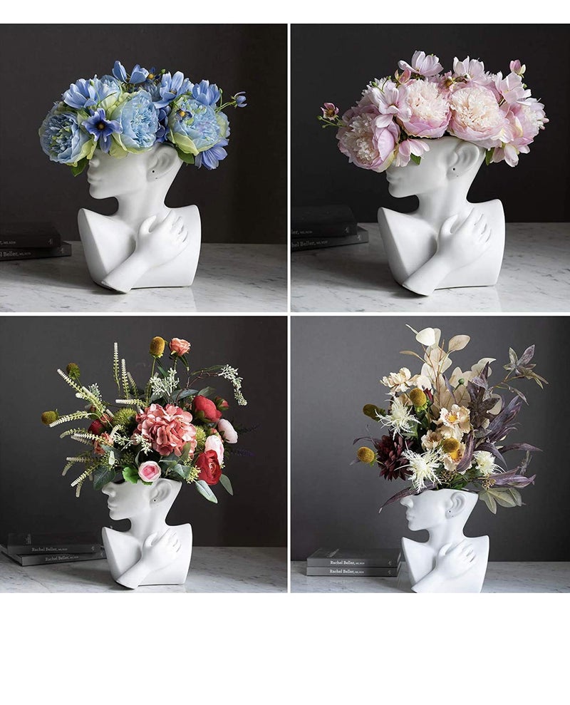 Funsoba Ceramics Statue Flower Vase Face Pots Bust Head Shaped for Birthday Gifts Home Office Decoration (White) - Image 1