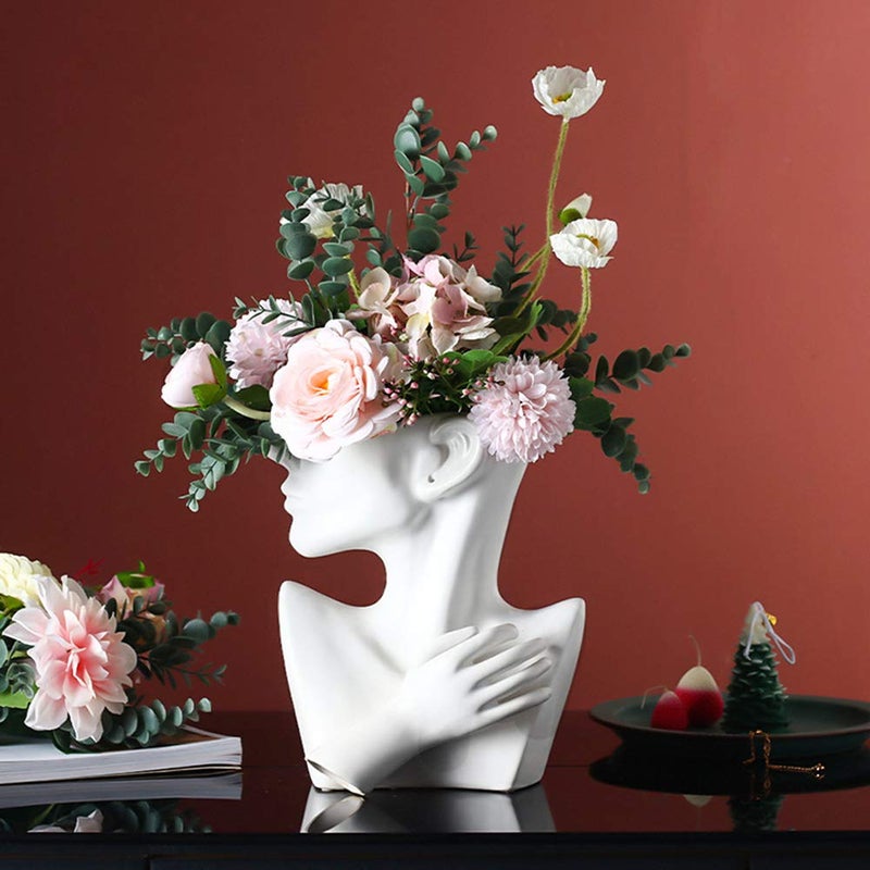 Funsoba Ceramics Statue Flower Vase Face Pots Bust Head Shaped for Birthday Gifts Home Office Decoration (White) - Image 2