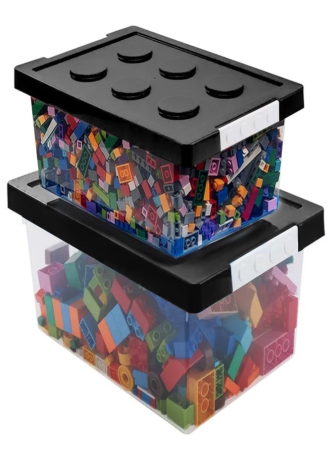 loobuu Plastic Storage Bins with Lids - Stackable Toy Storage Organizer Box Set of 2, Toy Chests with Compatible Building Baseplate and Lid, Storage Container for Building Bricks & Toys- Black - Image 1