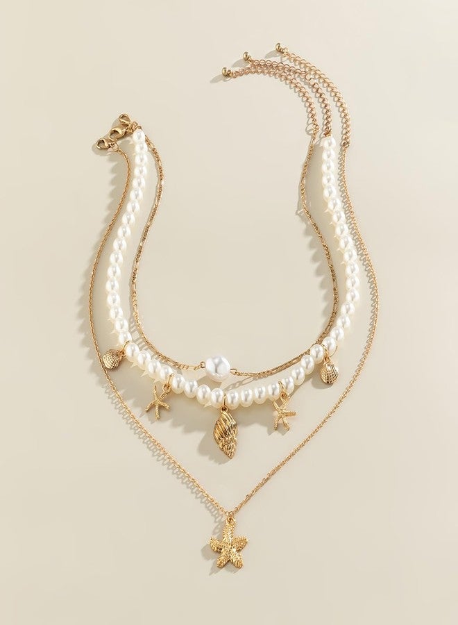 FUTIMELY Gold Shell Starfish Mermaid Necklace,Pearl Beaded Seashell Beach Ocean Vacation Coastal Jewelry,Layered Stack Charming Necklace(Starfish) - Image 4