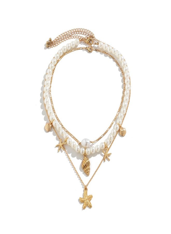 FUTIMELY Gold Shell Starfish Mermaid Necklace,Pearl Beaded Seashell Beach Ocean Vacation Coastal Jewelry,Layered Stack Charming Necklace(Starfish) - Image 1