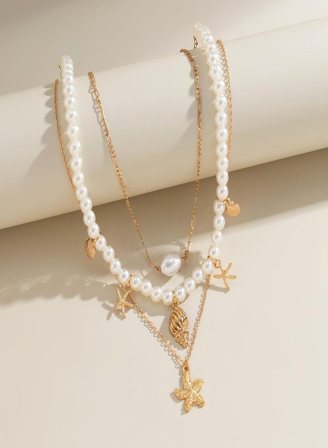 FUTIMELY Gold Shell Starfish Mermaid Necklace,Pearl Beaded Seashell Beach Ocean Vacation Coastal Jewelry,Layered Stack Charming Necklace(Starfish) - Image 5
