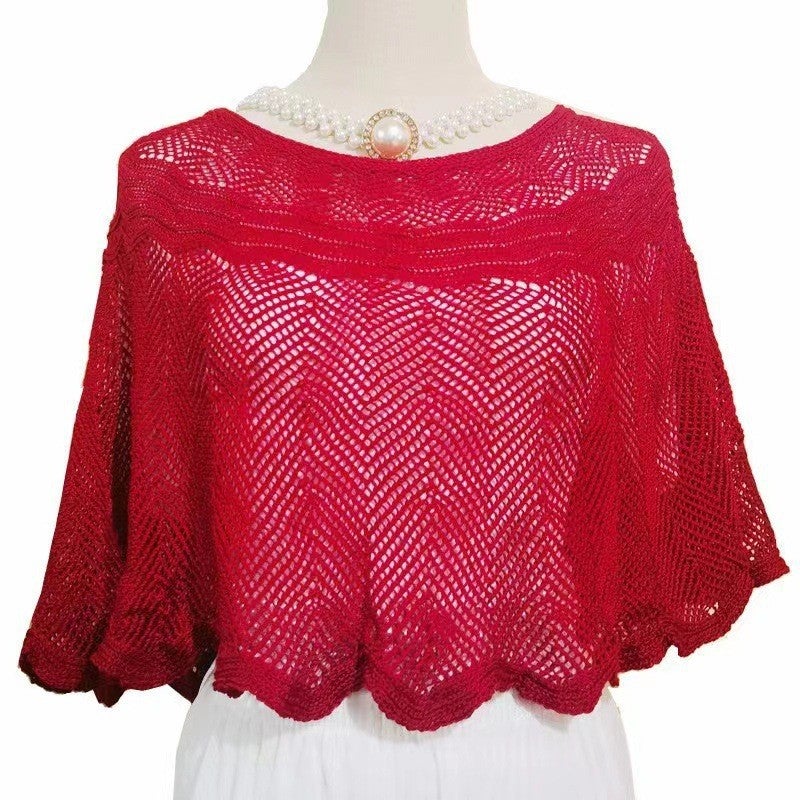 Fashionable Knitted Pullover Shawl Chinese Dress Outerwear Small Shawl Air Conditioned Room Wave Cover Shirt Red (send brooch) 