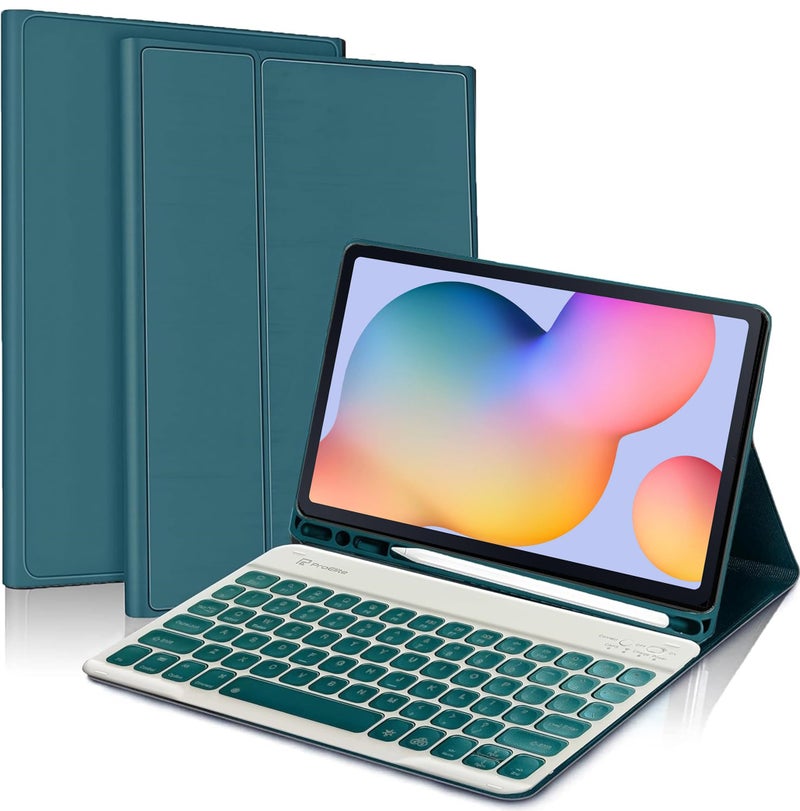 ProElite Keyboard case for Samsung Galaxy Tab S6 Lite 10.4 Inch 2024 SM-P610/P615 with S Pen Holder, Magnetic Detachable Wireless Bluetooth Keyboard Built-in 7-Colors Backlit, Dark Green - Image 1