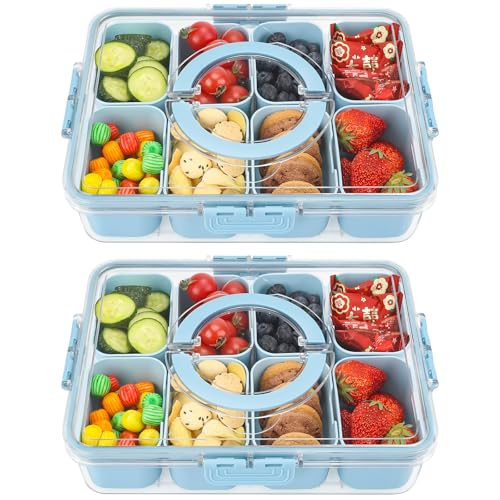 shopwithgreen 2Pcs Snackle Box Container, Divided Serving Tray with Lid and Handle, Snack Box Container Food Platter Charcuterie for Party, Veggies, Snack, Fruit, Nuts, Entertaining, Picnic,Blue - Image 1