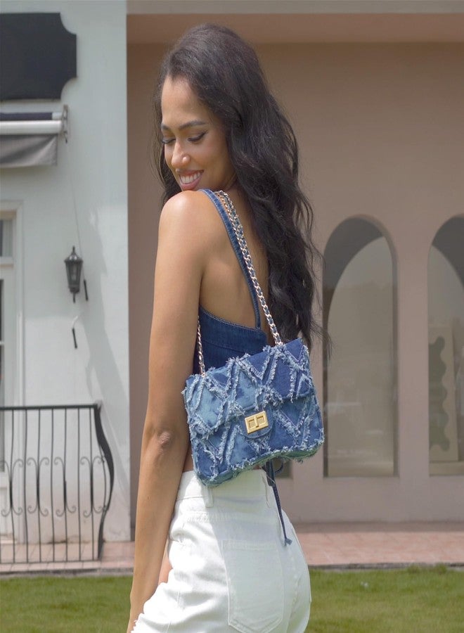 Milisente Women Shoulder Bag Small Quilted Denim Bag Chain Clutch Purses and Handbags Or Crossbody For Evening Formal Party(Blue) - Image 2