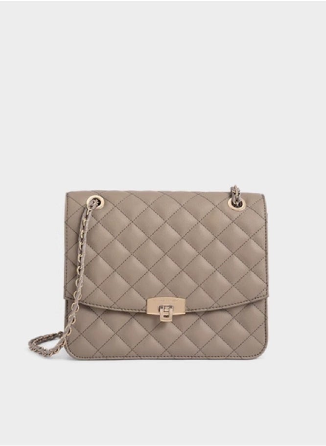 Charles & Keith Quilted Chain Strap Bag & Shoulder Bag - Taupe  - Image 1
