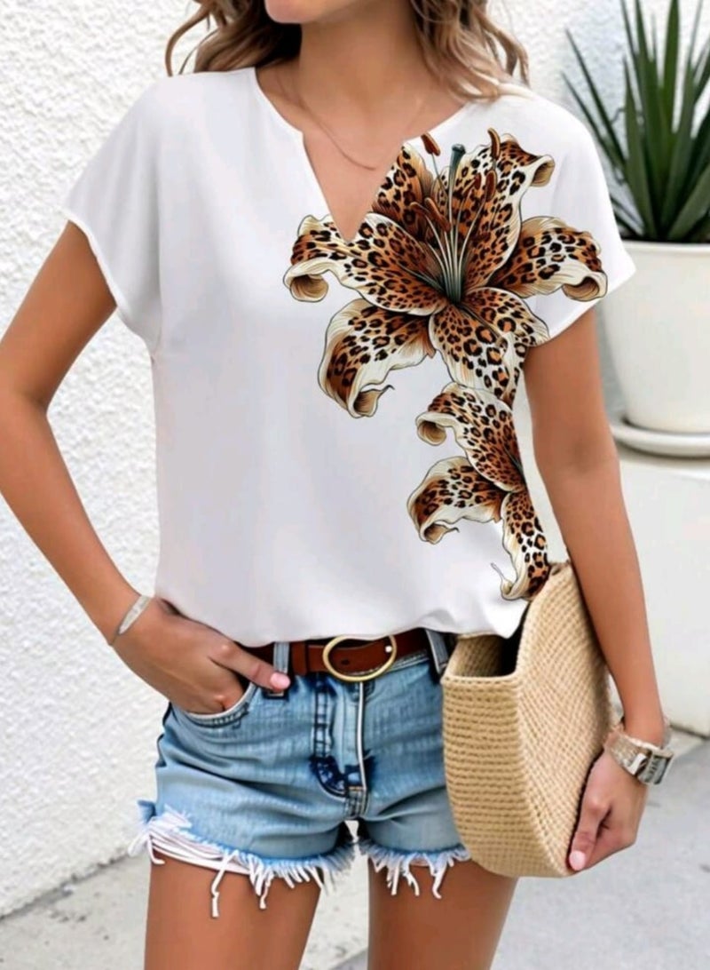 Rafael Machado Artist Women Casual Notched Neck Short Sleeve Floral Flower & Leopard Print Blouse