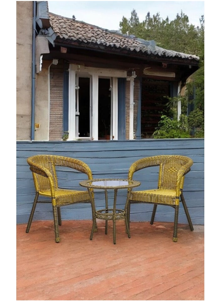 KARNAK - 3-Pieces Patio Rattan Dinning Set Table with Wicker Glass Top Modern Coffee Table Waterproof Set Chairs for Home, Garden & Lawn, Outdoor Indoor, Beach, Kitchen, Dining Room, Office Color GOLD - Image 1