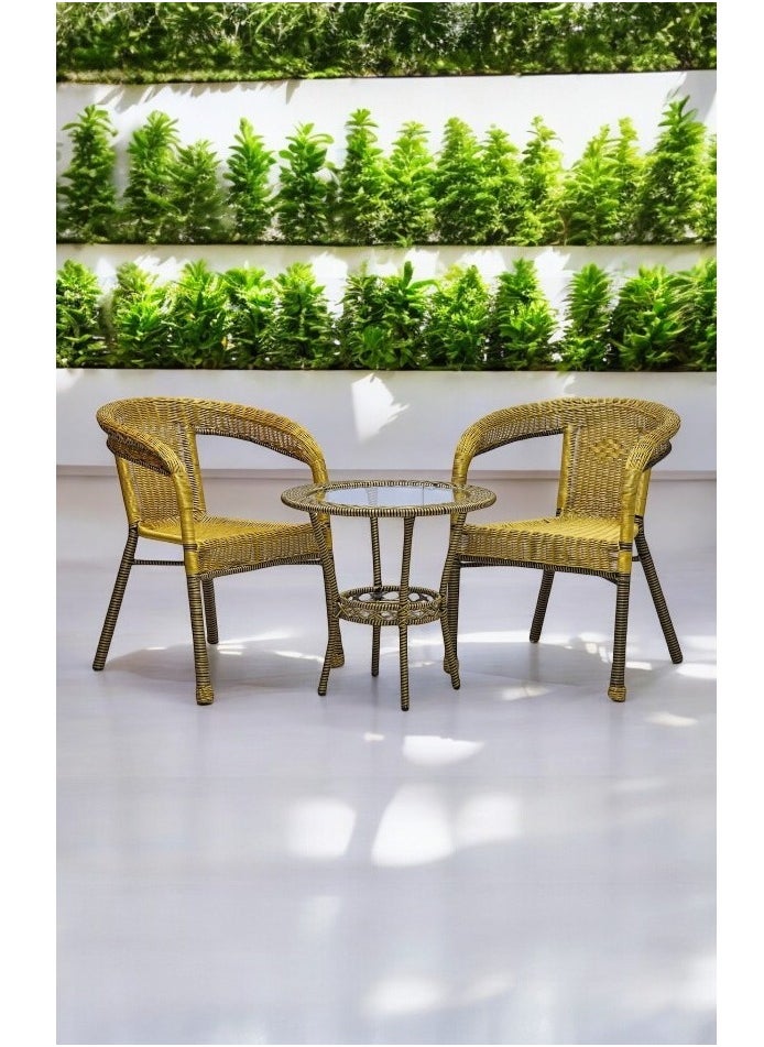 KARNAK - 3-Pieces Patio Rattan Dinning Set Table with Wicker Glass Top Modern Coffee Table Waterproof Set Chairs for Home, Garden & Lawn, Outdoor Indoor, Beach, Kitchen, Dining Room, Office Color GOLD - Image 1
