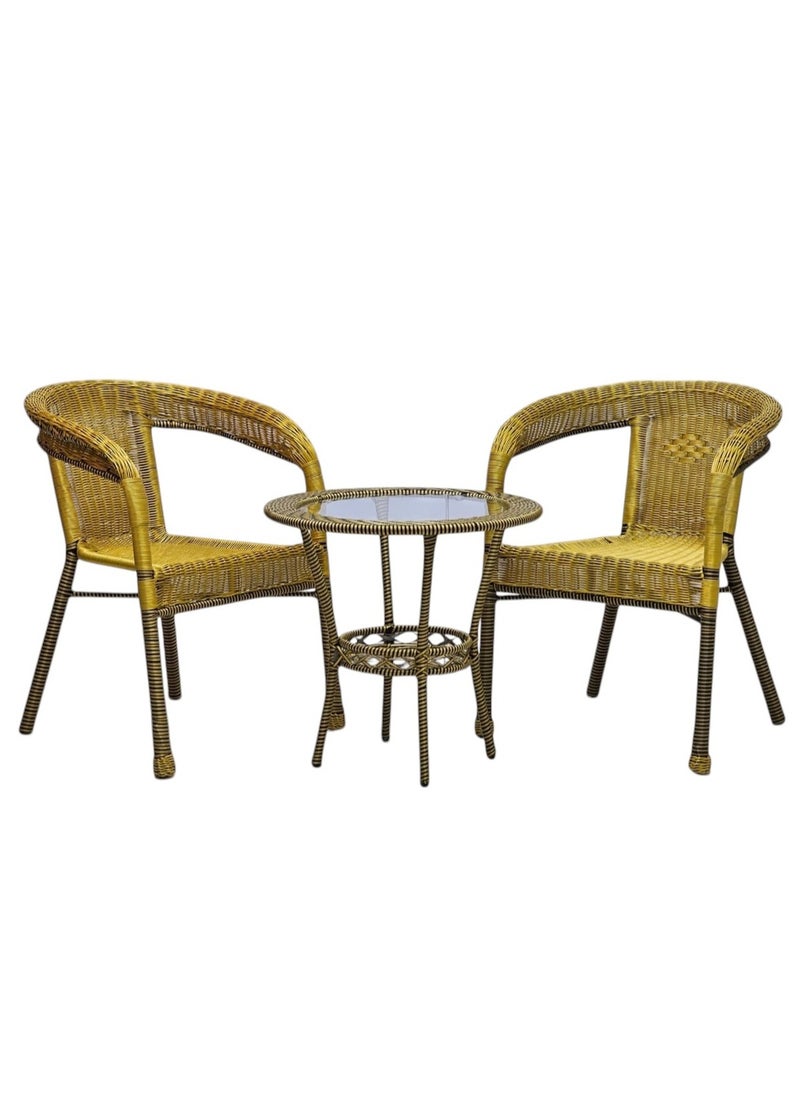 KARNAK - 3-Pieces Patio Rattan Dinning Set Table with Wicker Glass Top Modern Coffee Table Waterproof Set Chairs for Home, Garden & Lawn, Outdoor Indoor, Beach, Kitchen, Dining Room, Office Color GOLD - Image 1