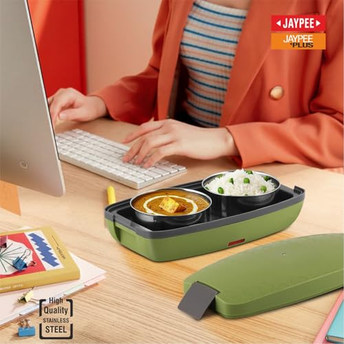 JAYPEE PLUS صندوق غداء كهربائي Jaypee Plus Hotpot مع 2 حاويات ستانلس ستيل قابلة للإزالة 250 مل x2 مع سلك طاقة | فتحة هواء على الغطاء | ختم سيليكون مانع للتسرب | مؤشر LED | مضاد للصدمات | أخضر - Image 2