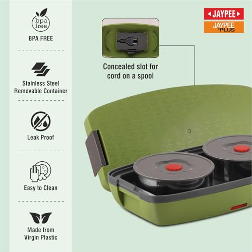 JAYPEE PLUS صندوق غداء كهربائي Jaypee Plus Hotpot مع 2 حاويات ستانلس ستيل قابلة للإزالة 250 مل x2 مع سلك طاقة | فتحة هواء على الغطاء | ختم سيليكون مانع للتسرب | مؤشر LED | مضاد للصدمات | أخضر - Image 3