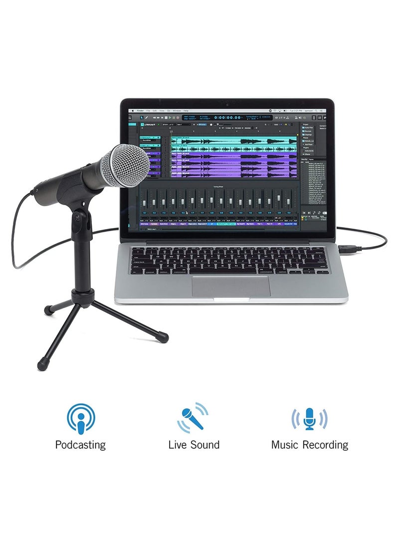 Samson - SAMSON Q2U Recording and Podcasting Pack - USB/XLR Dynamic Microphone with Accessories (Includes Mic Clip, Desktop Stand, Windscreen and Cables), 16-bit, 44.1kHz/48kHz, Silver - Image 1
