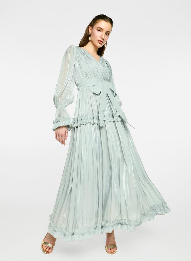 هاوس اوف مودا فستان ماكسي مطوي بتفاصيل مكشكشة من الأورجانزا من هاوس أوف مودا - Image 1