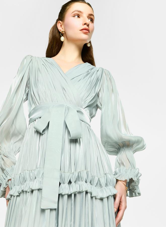 هاوس اوف مودا فستان ماكسي مطوي بتفاصيل مكشكشة من الأورجانزا من هاوس أوف مودا - Image 2