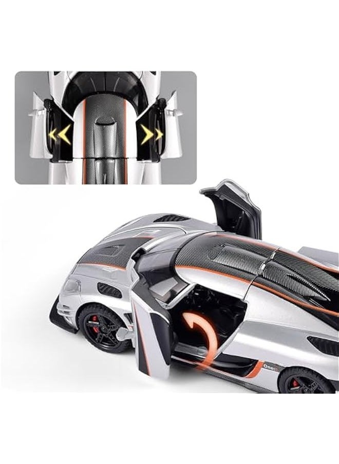 Toy Cars 1/32 Scale Koenigsegg One Diecast Cars,Car Models with Light Sound and Pull Back,Car Toys Birthday Gifts for Boys and Boyfriends (Silvery)  - Image 2