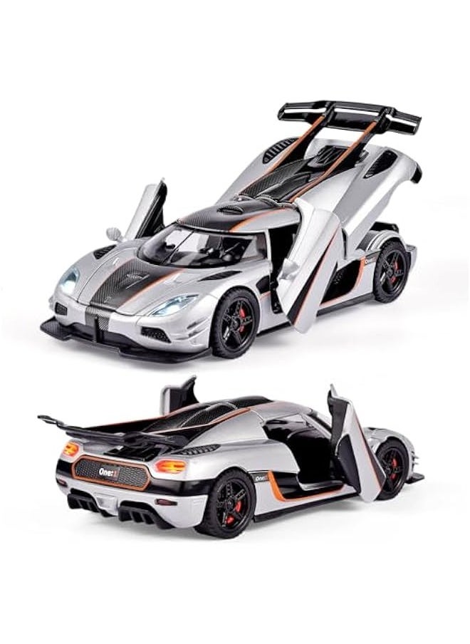Toy Cars 1/32 Scale Koenigsegg One Diecast Cars,Car Models with Light Sound and Pull Back,Car Toys Birthday Gifts for Boys and Boyfriends (Silvery)  - Image 3
