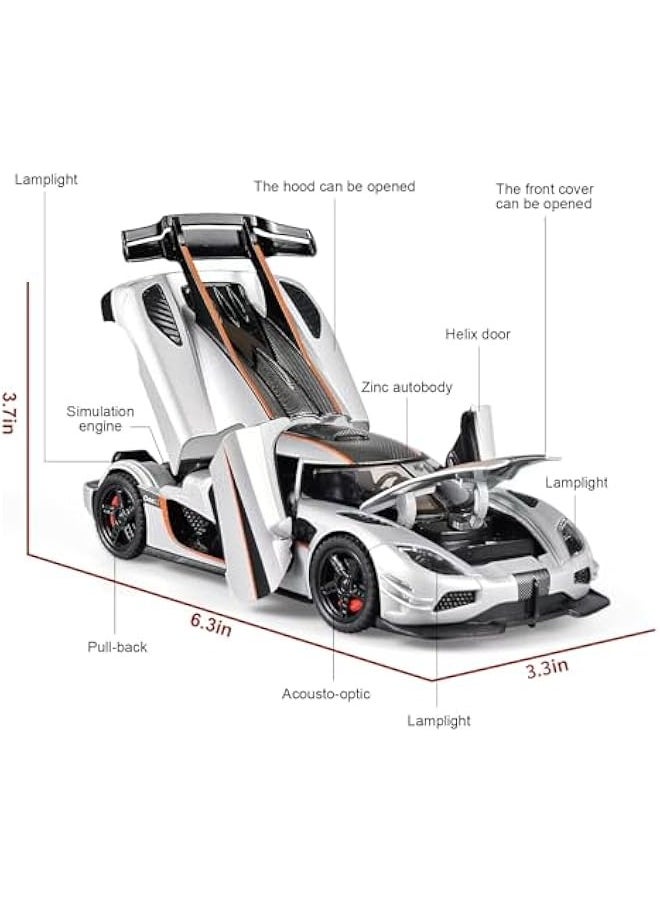 Toy Cars 1/32 Scale Koenigsegg One Diecast Cars,Car Models with Light Sound and Pull Back,Car Toys Birthday Gifts for Boys and Boyfriends (Silvery)  - Image 4