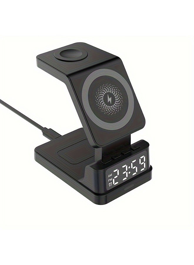XiuWoo Talabat 4 in 1 Wireless Charger 15W Charging Stand with Digital Clock Type-C PD Compatible with iPhone 15/14/13/12/11 | All iWatches | Air-Pods 2/3/Pro | All Qi Enabled Devices (Black) - Image 3