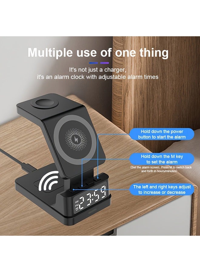 XiuWoo Talabat 4 in 1 Wireless Charger 15W Charging Stand with Digital Clock Type-C PD Compatible with iPhone 15/14/13/12/11 | All iWatches | Air-Pods 2/3/Pro | All Qi Enabled Devices (Black) - Image 4
