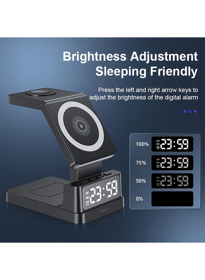 XiuWoo Talabat 4 in 1 Wireless Charger 15W Charging Stand with Digital Clock Type-C PD Compatible with iPhone 15/14/13/12/11 | All iWatches | Air-Pods 2/3/Pro | All Qi Enabled Devices (Black) - Image 5