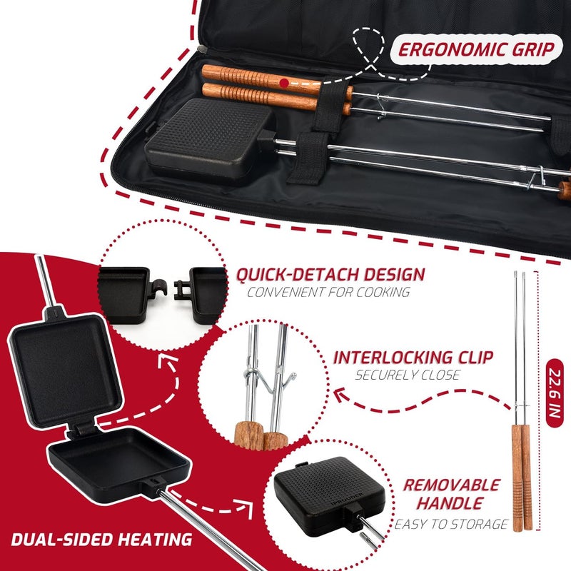 IPROUDER Campfire Pie Iron 4.9" Large Cast Iron Sandwich Maker for Camping 2 Pcs with Storage Bag - 22.6 inch Thickened Handles - Campfire Cooking Equipment for Grilling & Outdoor Cooking - Image 5