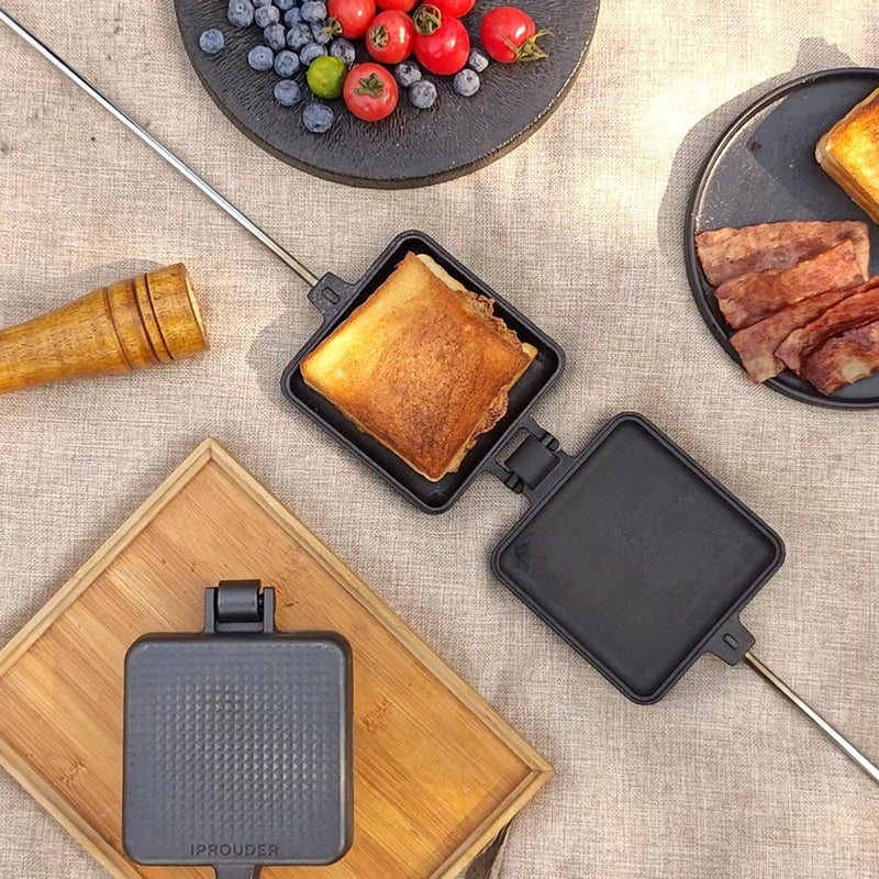 IPROUDER Campfire Pie Iron 4.9" Large Cast Iron Sandwich Maker for Camping 2 Pcs with Storage Bag - 22.6 inch Thickened Handles - Campfire Cooking Equipment for Grilling & Outdoor Cooking - Image 2