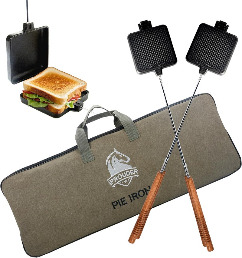 IPROUDER Campfire Pie Iron 4.9" Large Cast Iron Sandwich Maker for Camping 2 Pcs with Storage Bag - 22.6 inch Thickened Handles - Campfire Cooking Equipment for Grilling & Outdoor Cooking - Image 1