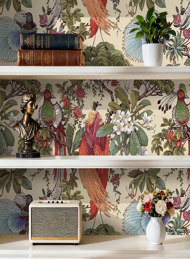 HelloWall Vintage Floral Wallpaper Peel and Stick Green Blue Red Yellow Chinoiserie Bird Flower Vintage Contact Paper for Cabinets Drawers Furniture Removable Vintage Wall Paper Birds Tree 17.5x80" Hellowall - Image 3