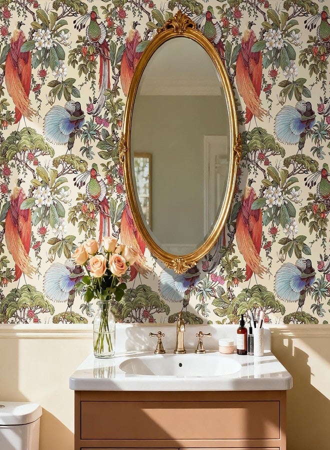 HelloWall Vintage Floral Wallpaper Peel and Stick Green Blue Red Yellow Chinoiserie Bird Flower Vintage Contact Paper for Cabinets Drawers Furniture Removable Vintage Wall Paper Birds Tree 17.5x80" Hellowall - Image 2