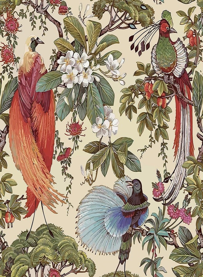 HelloWall Vintage Floral Wallpaper Peel and Stick Green Blue Red Yellow Chinoiserie Bird Flower Vintage Contact Paper for Cabinets Drawers Furniture Removable Vintage Wall Paper Birds Tree 17.5x80" Hellowall - Image 1
