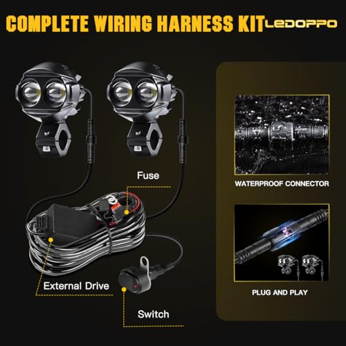 LEDOPPO Motorcycle Fog Lights LED Kit Auxiliary Driving Lights with Switch Wiring Harness Brackets 50W Hi-Low Combo Beam for R1200GS Adventure Touring Cruiser Sport Motorcycle E-bike ATV UTV Trike - Image 3