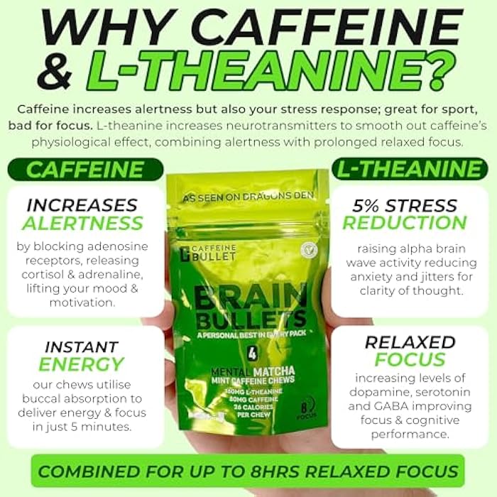 Caffeine Bullet 80 ملغ كافيين و 160 ملغ L-ثيانين حلوى تعزيز التركيز بالطاقة (4 حصص) – مجموعة نوتروبيك مدعومة بالعلوم العصبية، دعم الذكاء والقدرة المعرفية | نكهة النعناع ماتشا - Image 3
