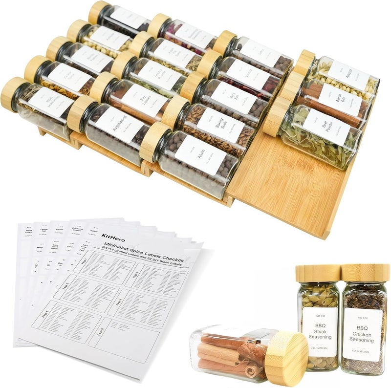 KitHero Spice Drawer Organizer with 18 Bamboo-lidded Spice Jars,216 Labels,50 Non-slip Rubber, Bamboo 4 Tier Seasoning Rack Tray Insert for Kitchen Drawers,Cabinets,Countertop,9" Wide x 15.8" Deep - Image 1