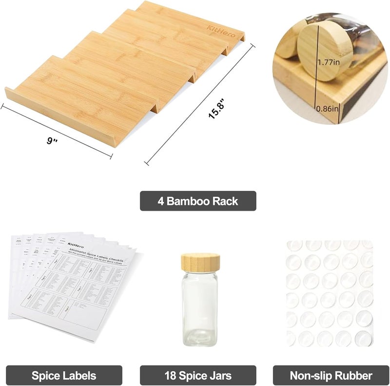 KitHero Spice Drawer Organizer with 18 Bamboo-lidded Spice Jars,216 Labels,50 Non-slip Rubber, Bamboo 4 Tier Seasoning Rack Tray Insert for Kitchen Drawers,Cabinets,Countertop,9" Wide x 15.8" Deep - Image 4