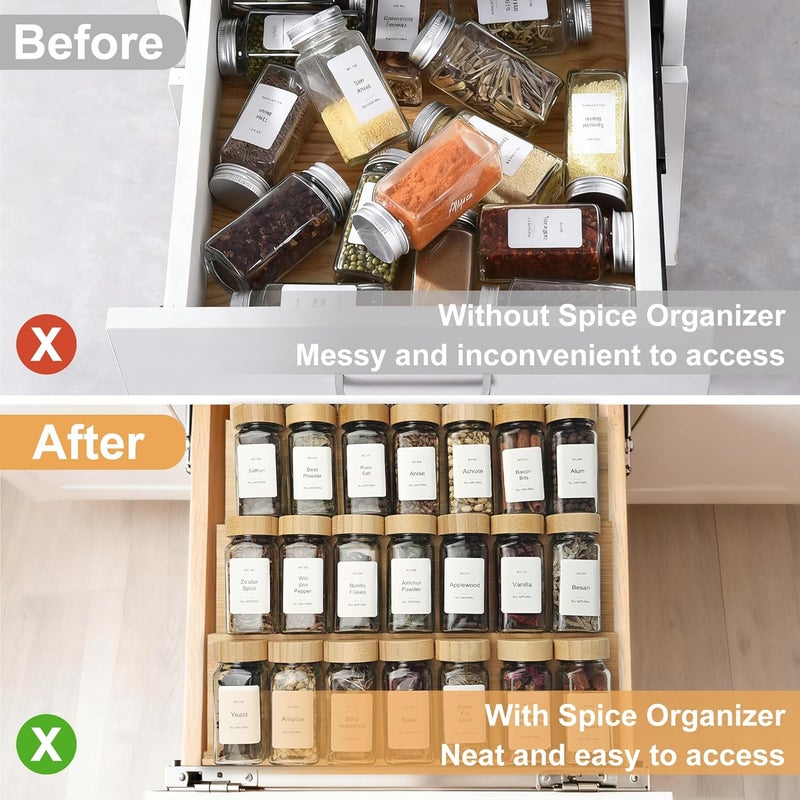 KitHero Spice Drawer Organizer with 18 Bamboo-lidded Spice Jars,216 Labels,50 Non-slip Rubber, Bamboo 4 Tier Seasoning Rack Tray Insert for Kitchen Drawers,Cabinets,Countertop,9" Wide x 15.8" Deep - Image 5